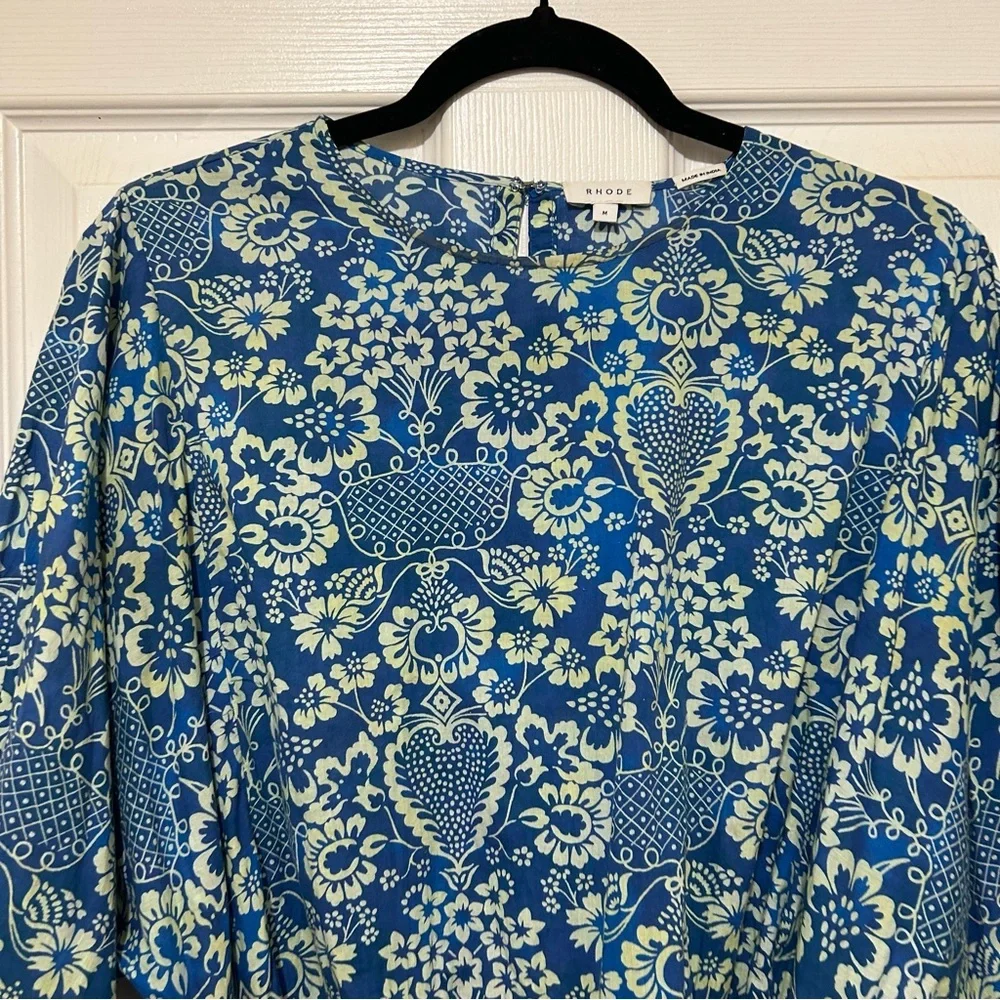 RHODE Floral Print Dress Blue Cream Feminine Ruffle Cotton Beach Vacation Sz Med - Picture 2 of 16